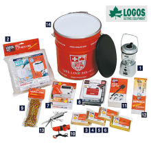 Light weight 14 piece set survival and disaster kit can for survival. Manufactured by Logos. Made in Japan (water purifier)